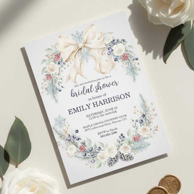 Winter Bridal Shower Invitation Cream Bow Floral Inbjudningar (blush blue winter flowers)