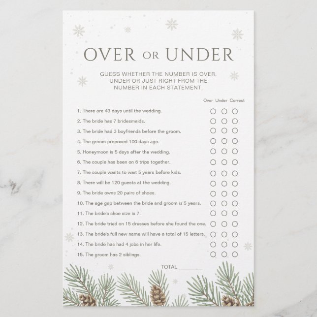 Winter Bridal Shower Over or Under Game (Framsida)