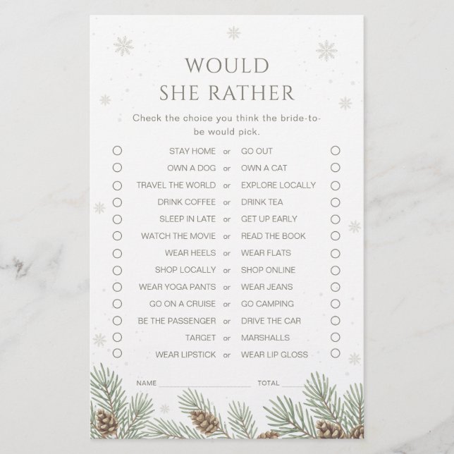 Winter Bridal Shower Would She Rather Game (Framsida)