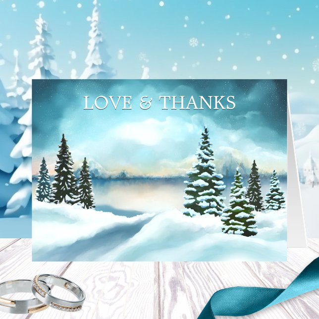 Winter-bröllopsfotokort Tackkort-kort OBS Kort (Photo Wedding Thank You note card featuring a watercolor painting of a winter wonderland scene)