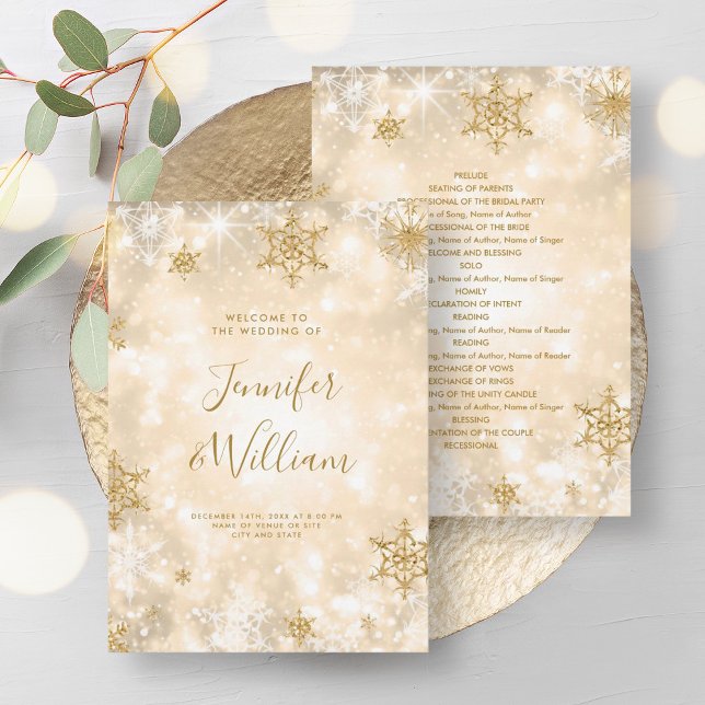 Winter-bröllopsprogrammet Guld i Festive Gnistra Inbjudningar (Festive Sparkle Gold Winter Wedding Program)