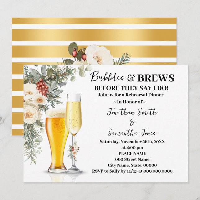 Winter Bubbles & Brews Rehearsal Dinner Inbjudningar (Fram/baksida)