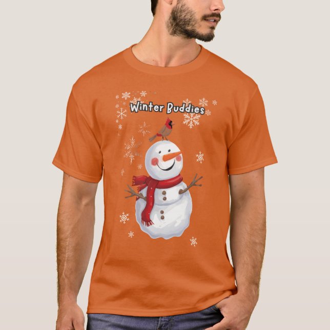 Winter Buddies snögubbe och fågelgåva T Shirt (Framsida)