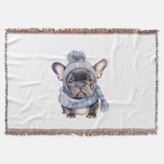Winter Bulldog Baby in Blue Cap and Scarf  Filt (Framsidan)