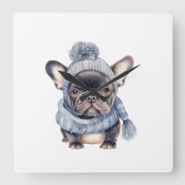 Winter Bulldog Baby in Blue Cap and Scarf Fyrkantig Klocka