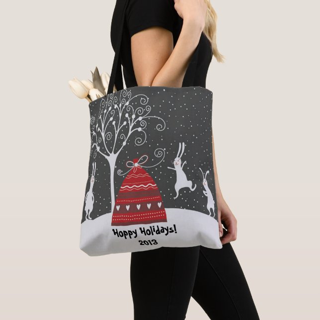 Winter Bunny Hoppy Helgdagars Tote Bag Tygkasse (Närbild)