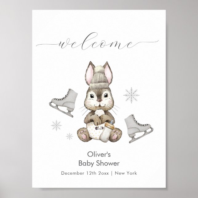 Winter Bunny Ice Skate Baby Shower Welcome  Poster (Framsidan)