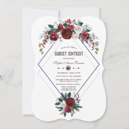 Winter Burgundy Blommigt Navy Blue Sweet 16 Inbjudningar