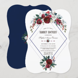 Winter Burgundy Blommigt Navy Blue Sweet 16 Inbjudningar