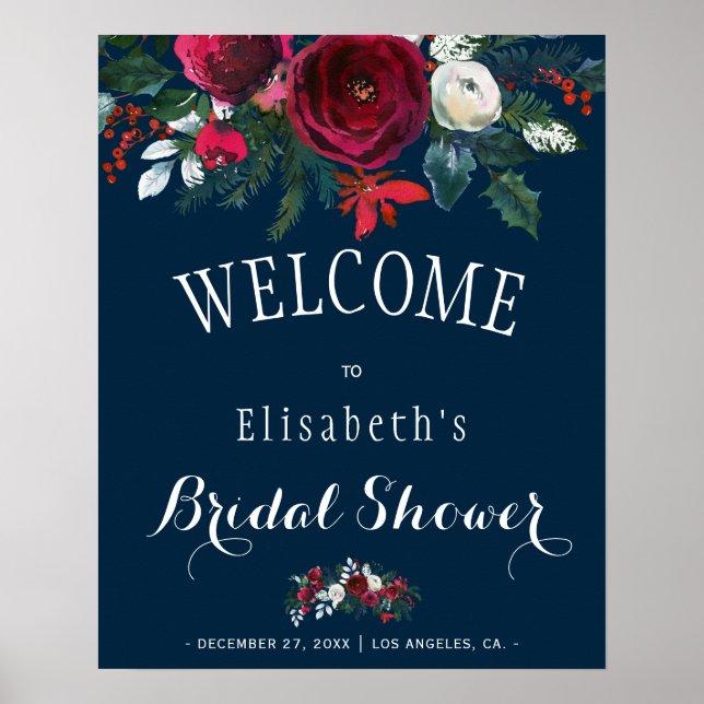 Winter Burgundy Blommigt Rustic Navy Möhippa Poster (Framsidan)