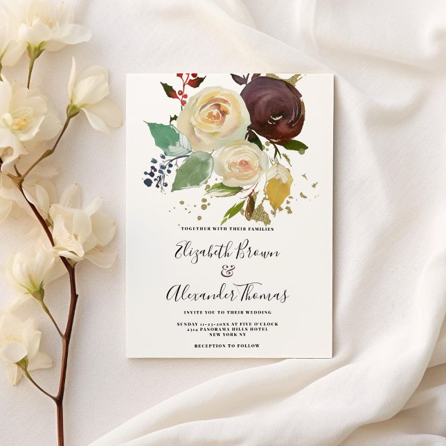 Winter burgundy elfenbensmint guld blommigt bröllo inbjudningar (Winter burgundy ivory mint gold floral wedding)