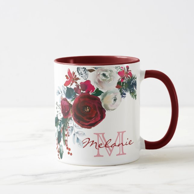 Winter Burgundy Ro Blommigt Gräs Bouquet Monogram Mugg (Höger)