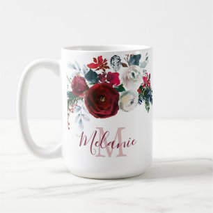 Winter Burgundy Ro Blommigt Gräs Gren Monogram Kaffemugg