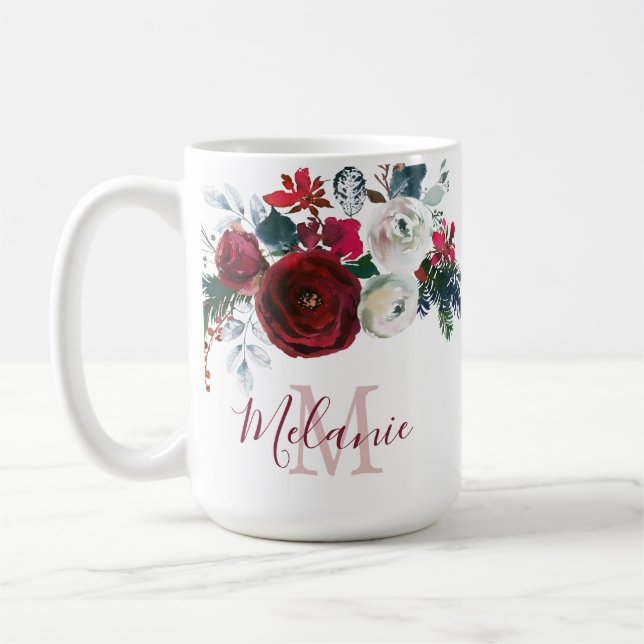 Winter Burgundy Ro Blommigt Gräs Gren Monogram Kaffemugg (Vänster)