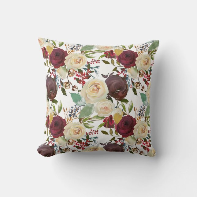 Winter Burgundy Watercolor Blommigt Dekorativ kudd Kudde (Framsida)