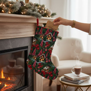 Winter Cabin-Blommigten Faux Embroidery Liten Julstrumpa