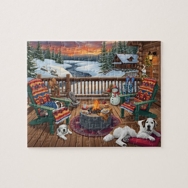 Winter Cabin Deck Dogs Fire Pit Snow Scene Pussel (Horisontell)