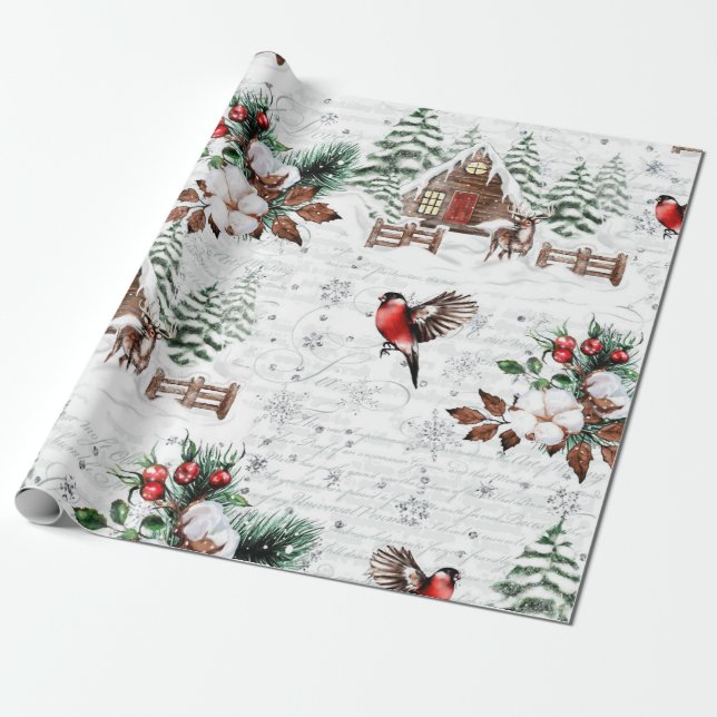 Winter  Cabin Forest Bird Vintage Presentpapper (Utrullad)