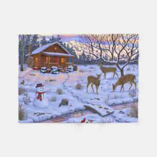 Winter Cabin Hjort i Snö julscen Fleecefilt