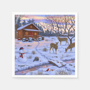 Winter Cabin Hjort i Snö julscen Pappersservett