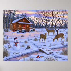 Winter Cabin Hjort i Snö julscen Poster