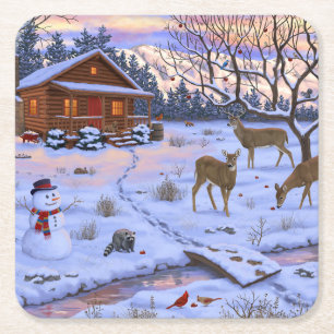 Winter Cabin Hjort i Snö julscen Underlägg Papper Kvadrat