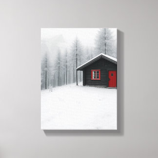 Winter Cabin in Snowy Forest Minimalist Landscape Canvastryck
