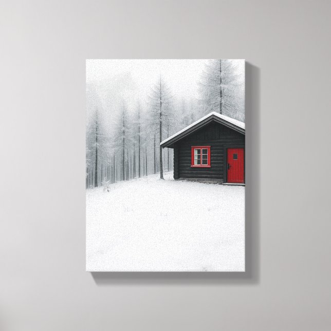 Winter Cabin in Snowy Forest Minimalist Landscape Canvastryck (Framsida)