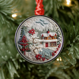 Winter Cabin jul Helgdagars Faux Embroized Julgransprydnad Metall