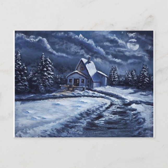 Winter Cabin på natten Vykort (Framsida)