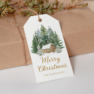 Winter Cabin Rustic Woodland Watercolor jul Presentetikett