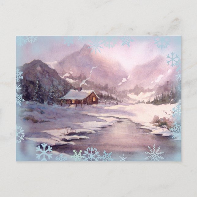 WINTER CABIN & SNÖFLINGOR by SHARON SHARPE Vykort (Framsida)