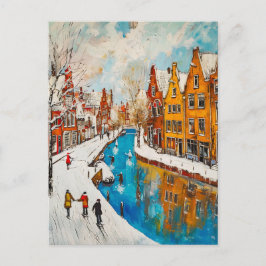 Winter Canal with Snowy Streets and Colorful House Vykort