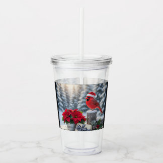 Winter Cardinal with Poinsettia Acrylic Tumbler Take Away Mugg