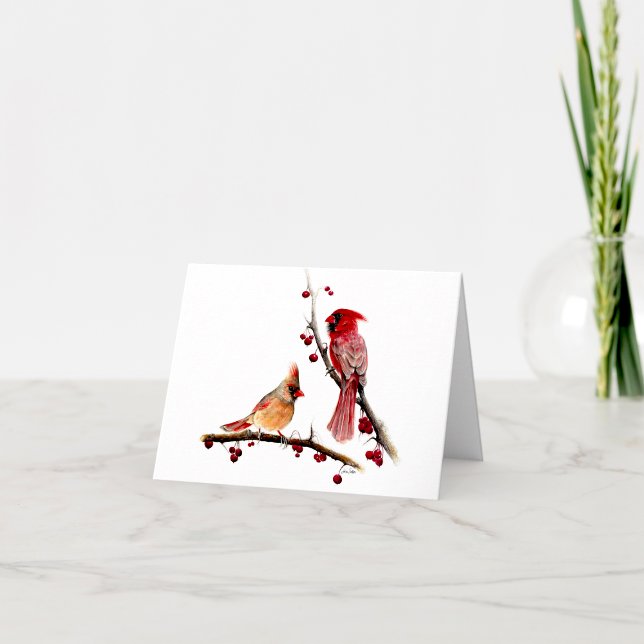 Winter Cardinals Berries Tack Kort (Beautiful cardinal pair watercolor thank you notes from Jenn Steffen Art)