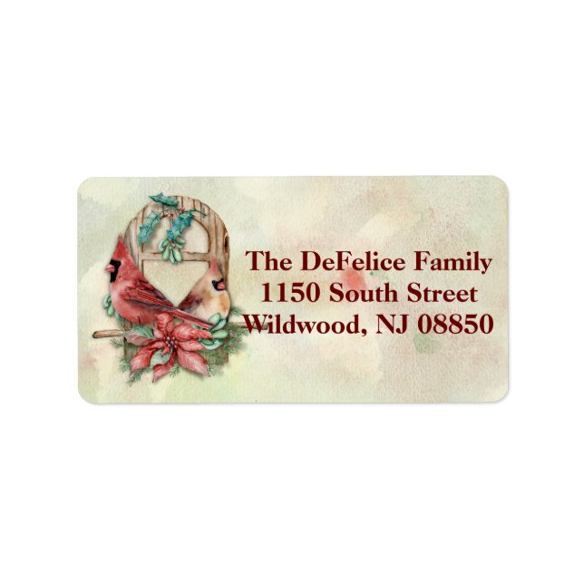 Winter Cardinals Pair with Poinsettia Adressetikett (Framsidan)
