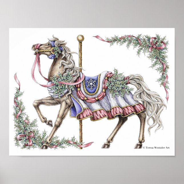 Winter Carousel Horse Pen och Bläck Teckning Poste Poster (Framsidan)
