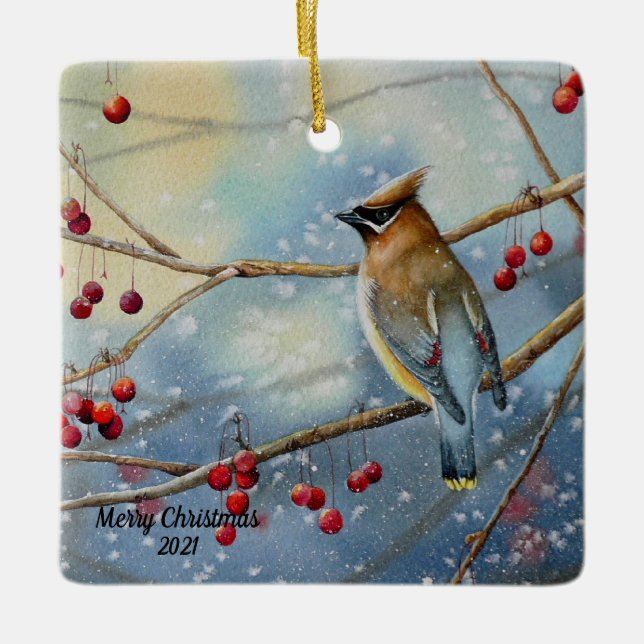 Winter Cedar Waxwing Bird & Berries Watercolor Art Julgransprydnad Keramik (Framsida)