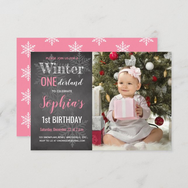 Winter Chalkboard Photo Girl's 1st Birthday Inbjudningar (Fram/baksida)