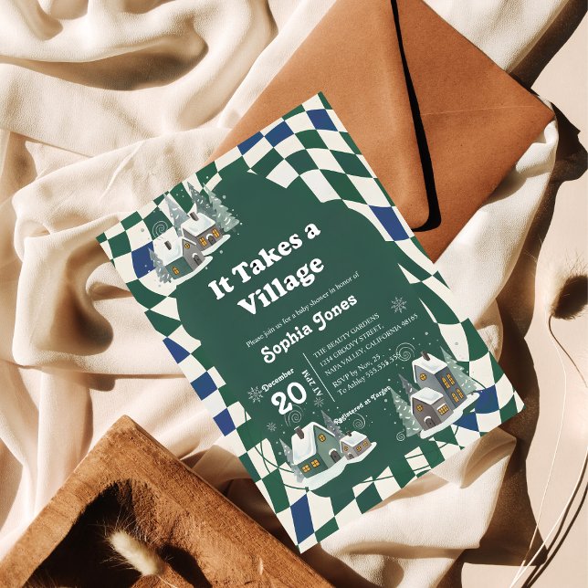 Winter Checkered "It Takes a Village" baby shower Inbjudningar (Skapare uppladdad)