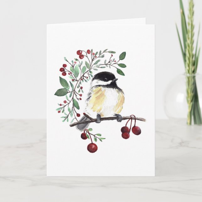 Winter Chickadee Bird Berries-Helgdag kort (Framsida)