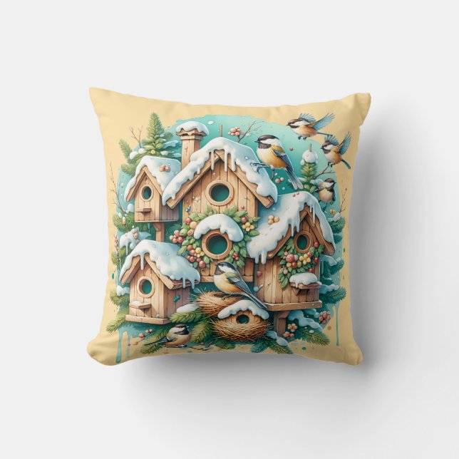 Winter Chickadee Birdhouse Village Kudde (Framsida)