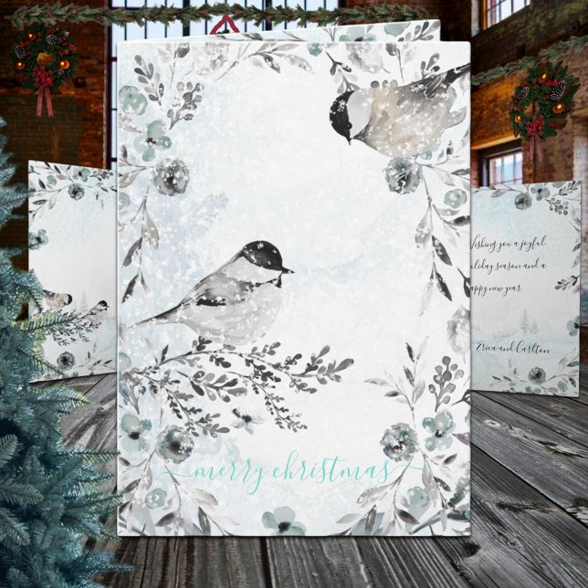 Winter Chickadee Birds Dusty Blue God jul Helgkort (Winter Chickadee Birds Dusty Blue Merry Christmas Holiday Wraparound Graphics Watercolour Card)
