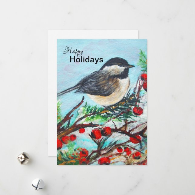 Winter Chickadee med Berries Helgdag Card Julkort (Fram/Back In Situ)