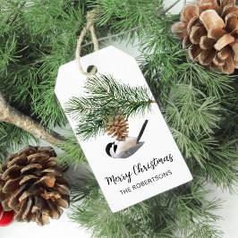 Winter Chickadee om Pinecone God jul Presentetikett
