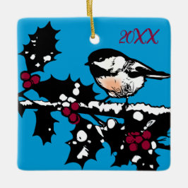 Winter Chickadee on Holly Woodcut Winter Helgdagar Julgransprydnad Keramik