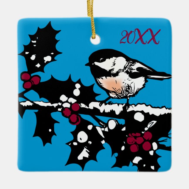 Winter Chickadee on Holly Woodcut Winter Helgdagar Julgransprydnad Keramik (Framsida)