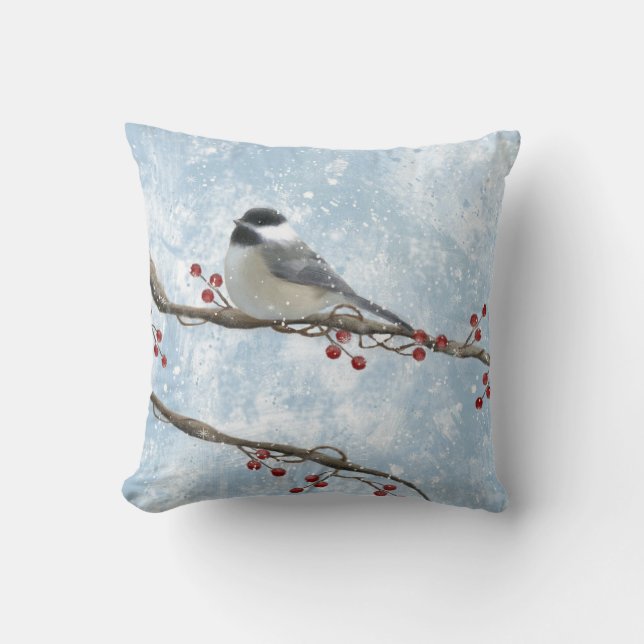 Winter Chickadee Pillow Kudde (Framsida)