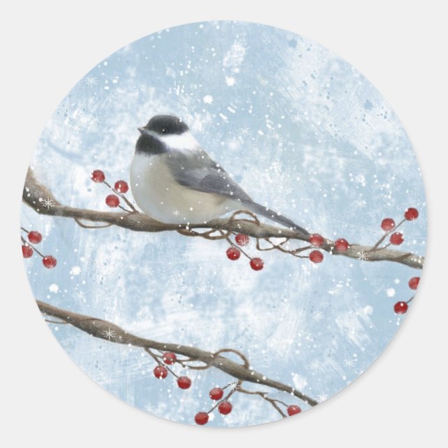 Winter Chickadee Sticker Runt Klistermärke (Framsida)