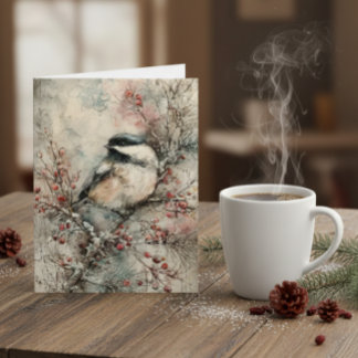 Winter Chickadee Watercolor Christmas Card – Peace Helgkort
